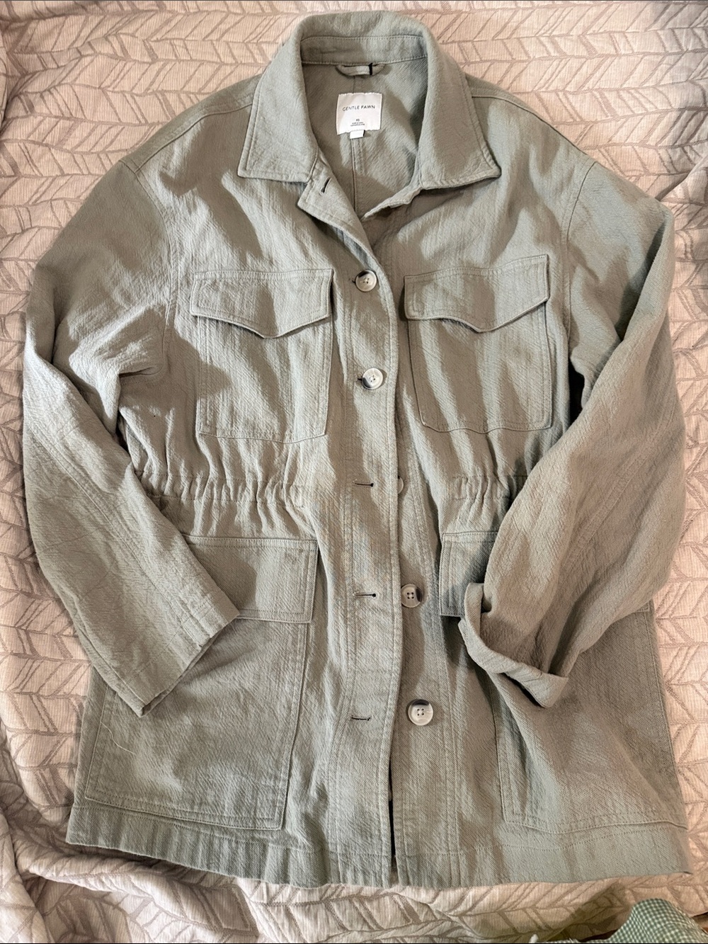 Gentle Fawn Utility Jacket Sage Green cotton woven Drawstring Waist chore jacket